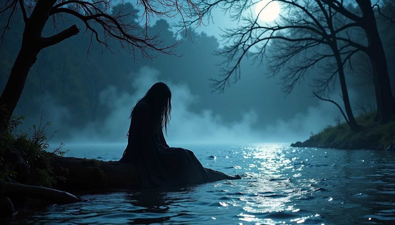 A hauntingly beautiful scene depicting a mysterious dark shadow creature that resembles a witch, draped in tattered, flowing robes that blend seamlessly with the night. She sits on a decaying, moss-covered log out in the water in a scenic river bend, casting an eerie silhouette against the softly rippling water. The atmosphere is thick with an ominous air, illuminated only by an ethereal glow from the moon filtering through low-hanging, twisted branches. Ancient trees loom on either side, shrouded in shadows, as mist rises from the water, adding to the haunting mystique. The night is a deep indigo, with flickers of ethereal light dancing around the creature, enhancing the sense of otherworldliness. Overall, the composition evokes a feeling of suspense and intrigue, as if capturing a moment from a dark fairy tale.
