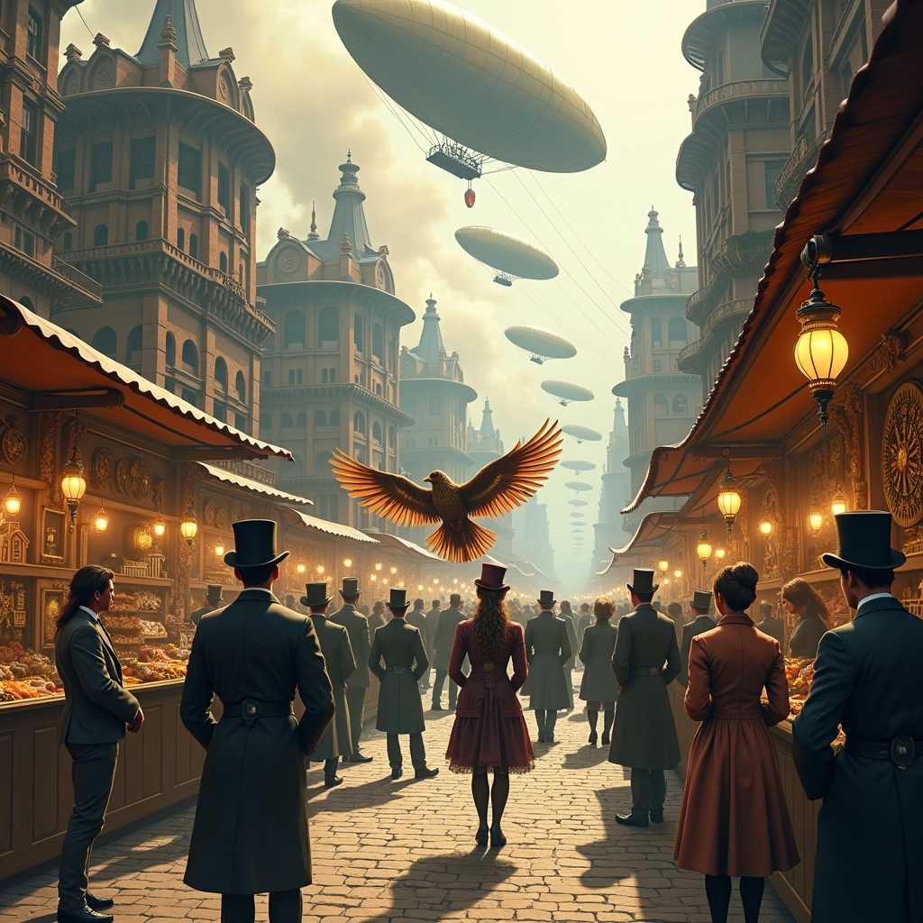At the heart of a reimagined Victorian city, a digital illustration captures a bustling market where steampunk aesthetics reign supreme. The scene unfolds in a palette of sepia tones, brass, and copper, where steam engines, gears, and clockwork mechanisms are integrated into every aspect of daily life. The market's center features an inventor showcasing a mechanical bird, its wings fluttering with precision, surrounded by curious onlookers dressed in corsets, top hats, and goggles. Cobblestone streets lead past stalls selling an array of fantastical devices, lit by gaslamp-style street lights. The atmosphere is one of innovation and retro-futurism, with airships hovering in the background under a sky smudged with factory smoke. This illustration employs a detailed, almost photorealistic approach, highlighting textures like the weathered wood of market stalls and the shine of polished brass. Cultural elements reflect a society where technology and tradition collide, showcasing a diversity of characters from this alternate history. Every corner of the image teems with life, from the smallest cog in a machine to the expansive dirigibles above, all rendered with crisp detail suitable for high-resolution viewing, embodying the essence of steampunk.