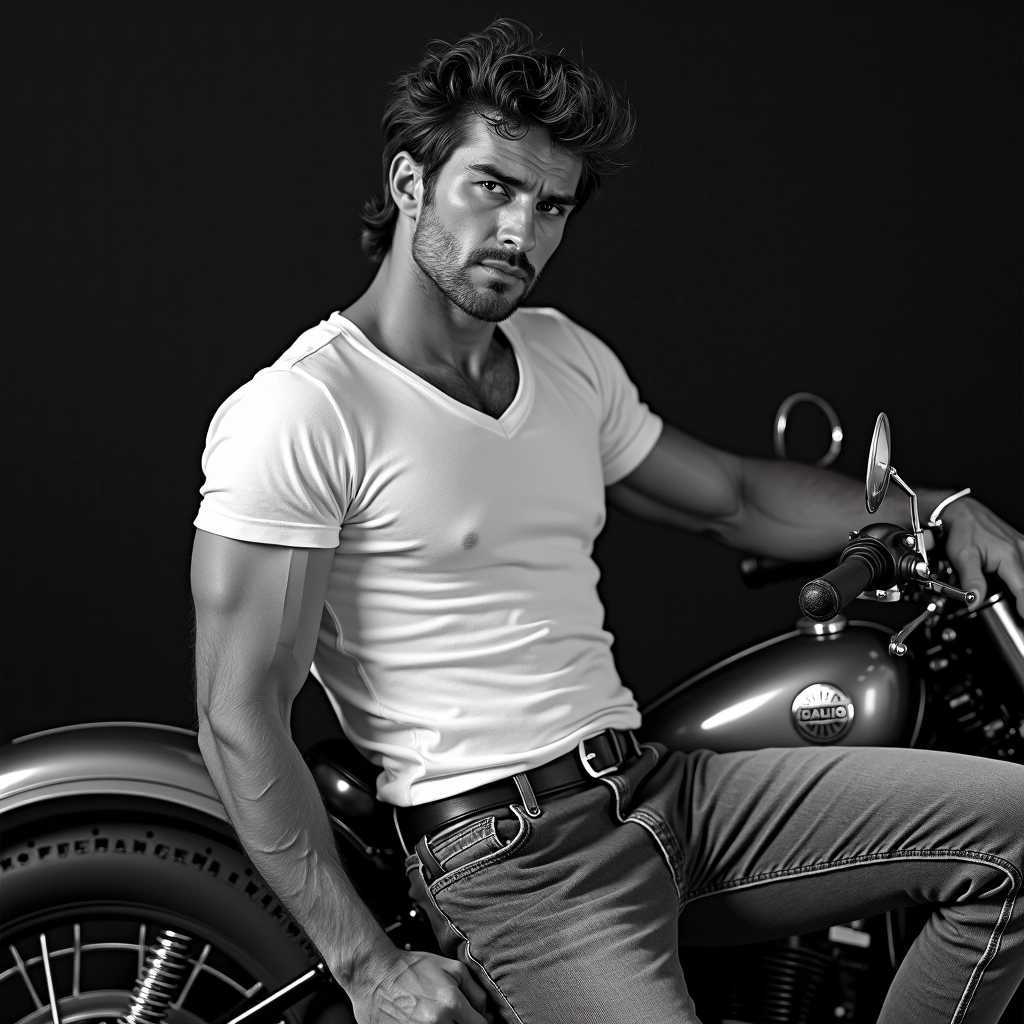 a black and white photograph, styled with the classic, timeless aesthetic of a 1950s pin-up, showcasing a ruggedly handsome man with tousled, thick hair and captivating eyes. He leans against a vintage motorcycle, clad in a simple white t-shirt that accentuates his muscular physique and a pair of well-worn jeans that hug his powerful legs. The image captures a moment of quiet intensity; his gaze is directed slightly off-camera, conveying a sense of brooding introspection. The lighting is stark and dramatic, with deep shadows highlighting his chiseled jawline and emphasizing the textures of his clothing and the motorcycle's chrome. The overall mood evokes a sense of rebellious masculinity and timeless cool, reminiscent of iconic figures like James Dean or Marlon Brando. The focus is on the man's raw, natural attractiveness, his tousled hair a symbol of untamed virility. The black and white format adds a layer of classic elegance and emphasizes the play of light and shadow, creating a captivating portrait of masculine beauty.