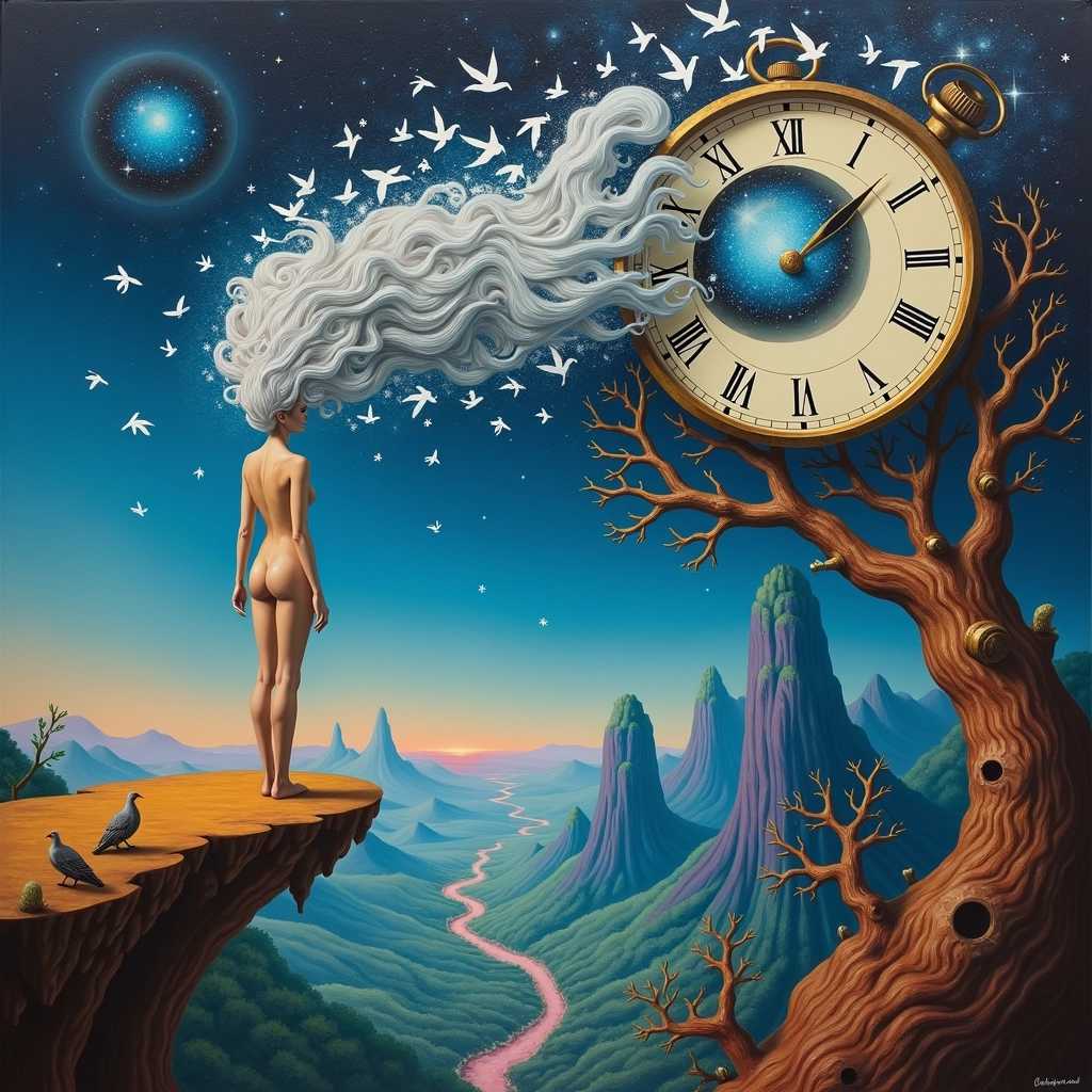 a surreal dreamscape painted in the style of Salvador Dali, with melting clocks and impossible architecture. The central figure is a woman with flowing silver hair that transforms into a flock of birds, her eyes shimmering with galaxies. She stands on a precarious platform overlooking a vast, otherworldly landscape bathed in the ethereal glow of a bioluminescent forest. The colors are vibrant and contrasting, with deep blues and purples juxtaposed against fiery oranges and reds. The textures are rich and varied, from the smooth, polished surface of the platform to the rough, gnarled bark of the fantastical trees. The overall mood is one of mystery and wonder, inviting the viewer to explore the hidden depths of this imaginative world.