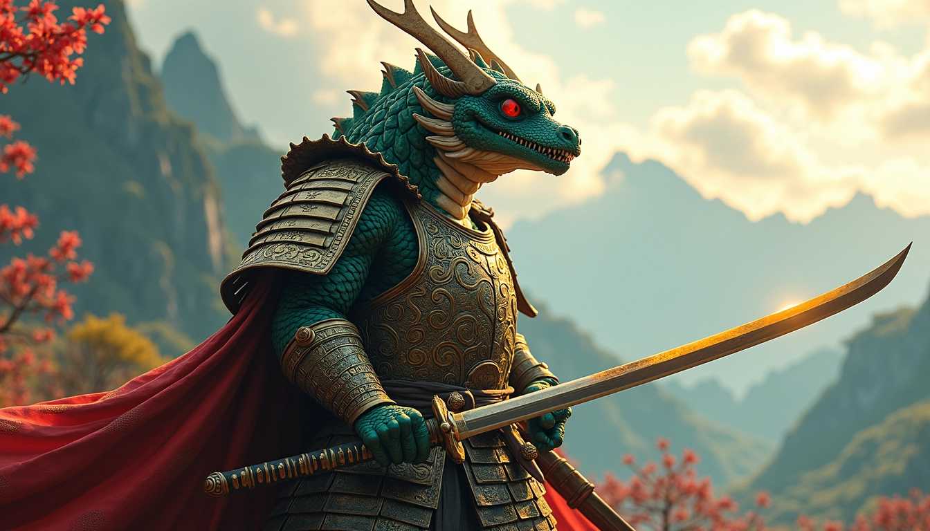 An armored samurai dragon with a katana stands amidst a mountainous landscape
