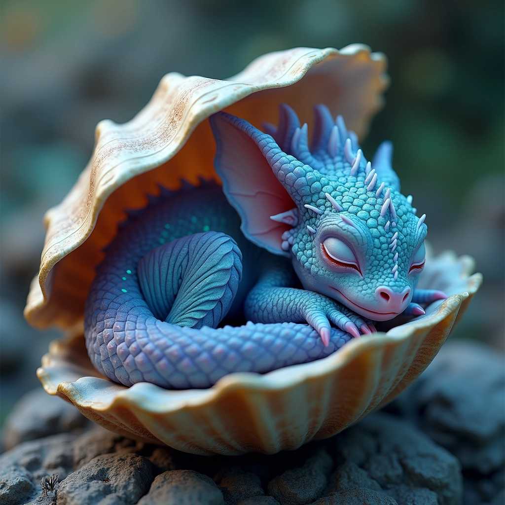 A captivating hyper realistic image of a one-year-old breathtaking little dragon asleep inside a clam. She has shimmering, translucent gradient teal to purple scales and a beautiful, intricate wings. The scene is filled with intricate details, perfect composition, and is beautifully shot. The image is hyper-detailed with sharp focus, blending elements of photography, illustration, and 3D rendering., 3d render, photo, cinematic, portrait photography