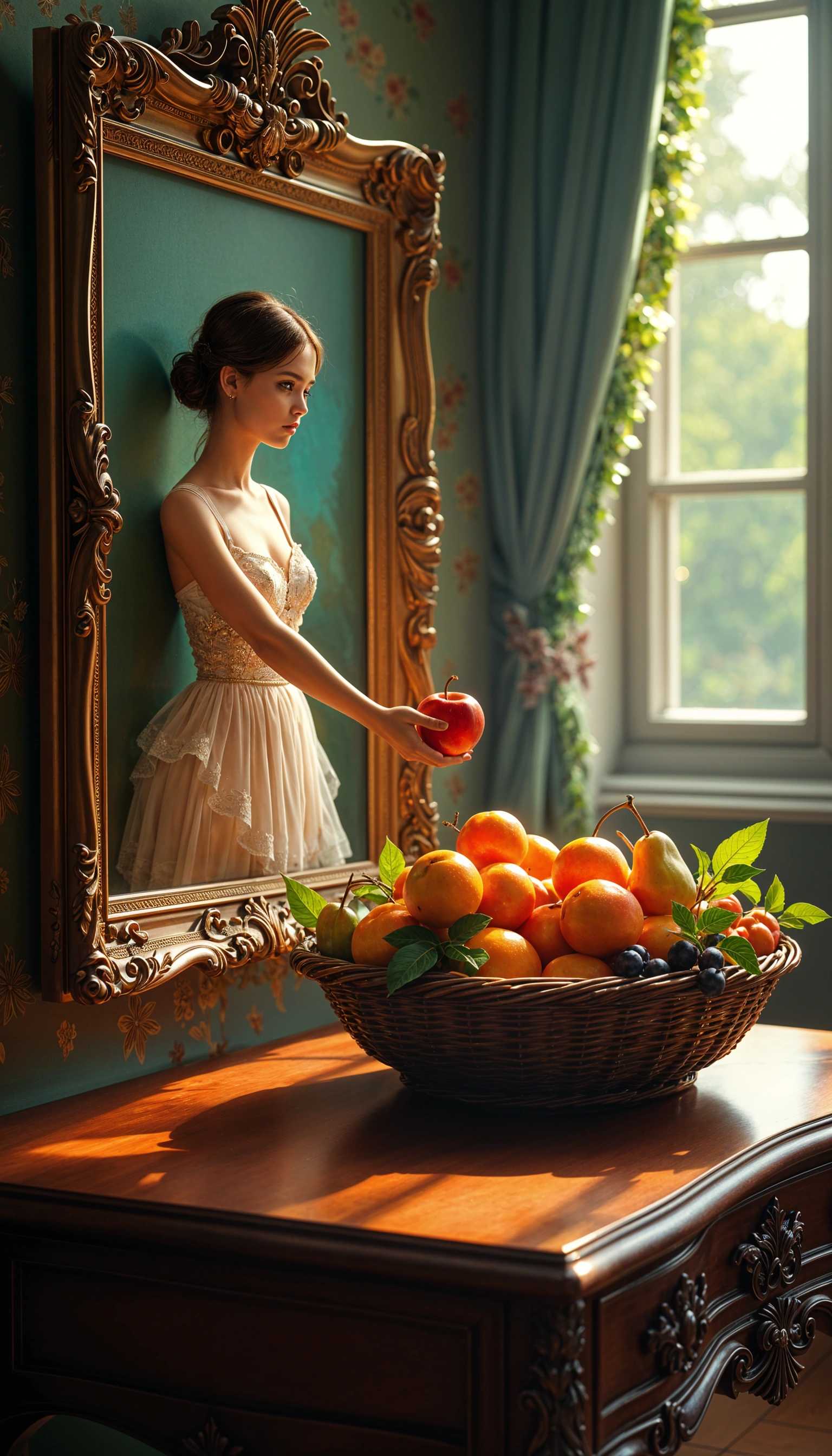 An Elegant Lady in a Gilded Frame Offers a Red Apple from a Basket of Fruits by a Sunlit Window.
