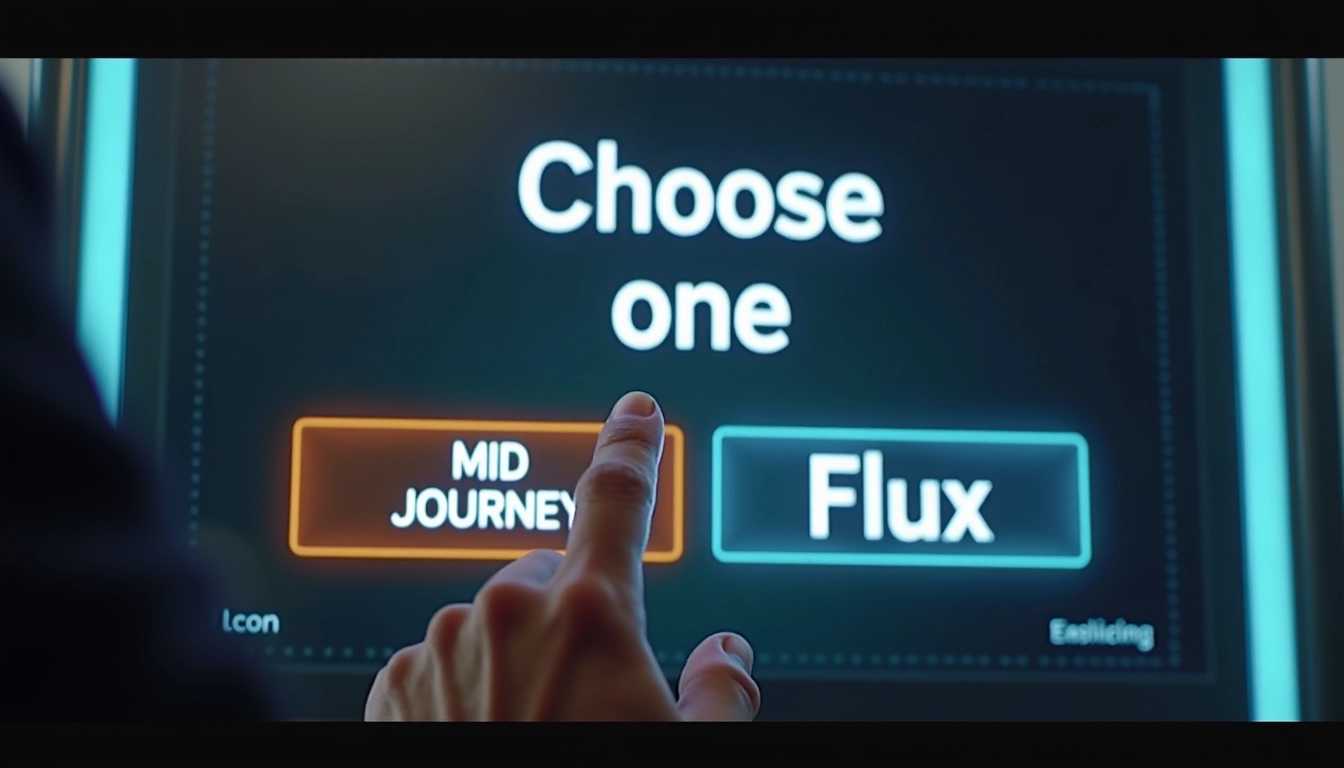 realistic photo of a man standing in front of a terminal with text that says "Choose one" and with two buttons next to each other. the button on the left says "Mid Journey" and the button on the right says "Flux" that man's finger is on the button that says "Flux". both buttons are in focus