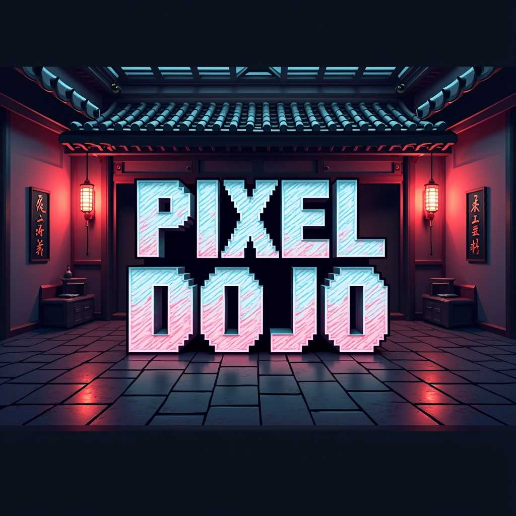 Photography, pixelated dojo scene, featuring a traditional Japanese martial arts dojo with digital pixelation effects, neon lighting, dark futuristic background, the words "Pixel Dojo" in bold, pixelated font at the center of the image.