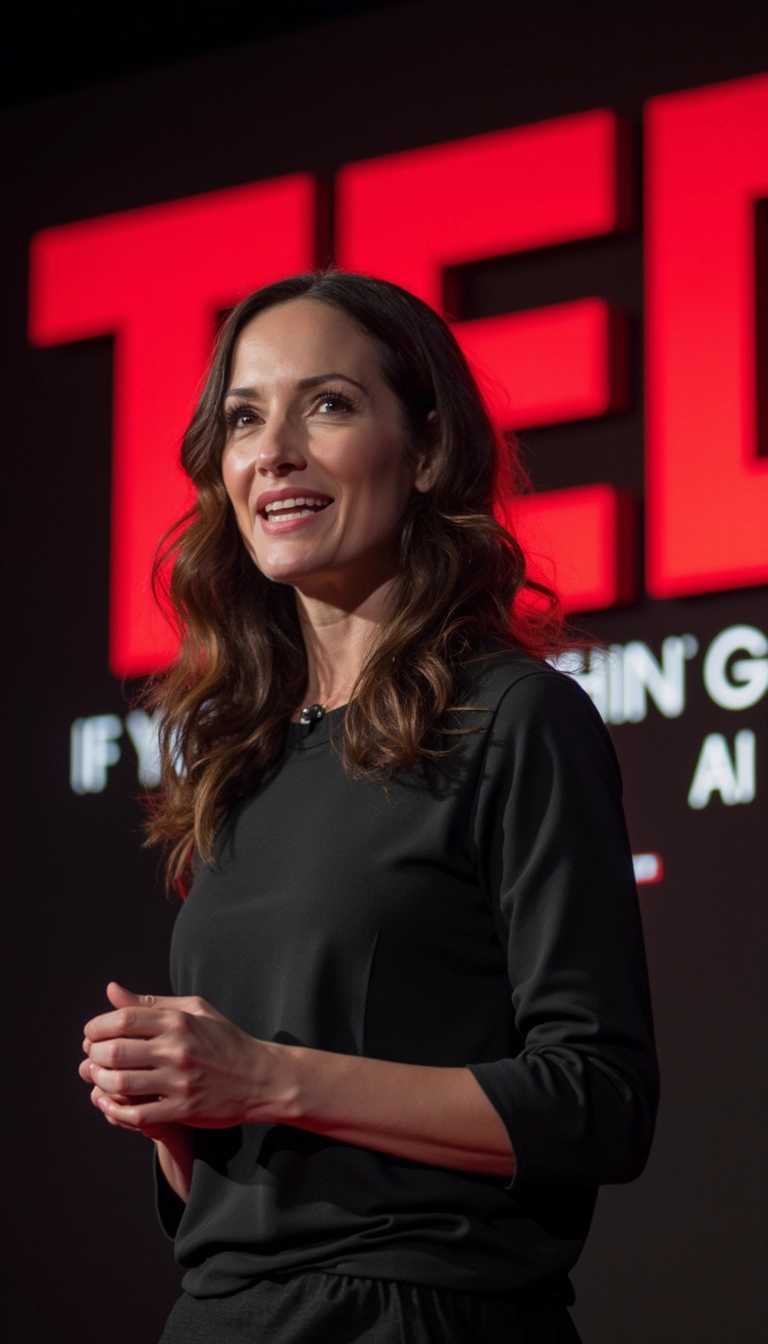 photo of a woman giving a TED talk, behind her a big neon sign with the text "IF YOU DON'T LIKE GENERATIVE AI THEN DUCK YOU", spotlight style lighting, soft shadows, sharp focus, shallow depth of field.