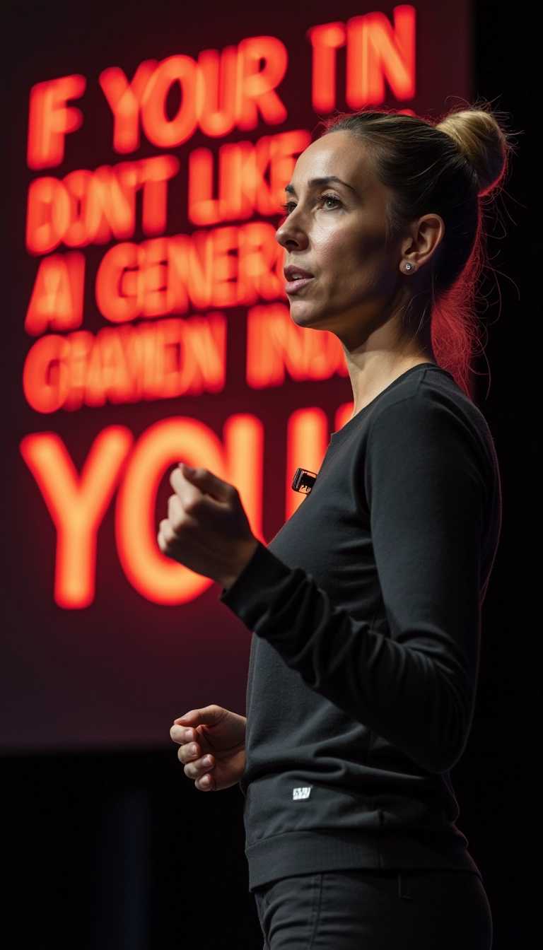 photo of a woman giving a TED talk, behind her a big neon sign with the text "IF YOU DON'T LIKE GENERATIVE AI THEN DUCK YOU", spotlight style lighting, soft shadows, sharp focus, shallow depth of field.