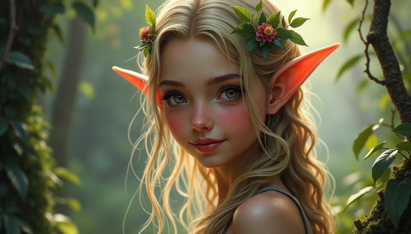 “Create a hyper-realistic portrait of a beautiful young elf with immaculate, radiant skin and delicately pointed ears. Her eyes are expressive and her smile is warm and inviting. She has long, flowing hair with intricate details and subtle nature-inspired accessories. The background should be an ethereal, magical forest with soft, ambient lighting that enhances the realism of her features.”dream.
