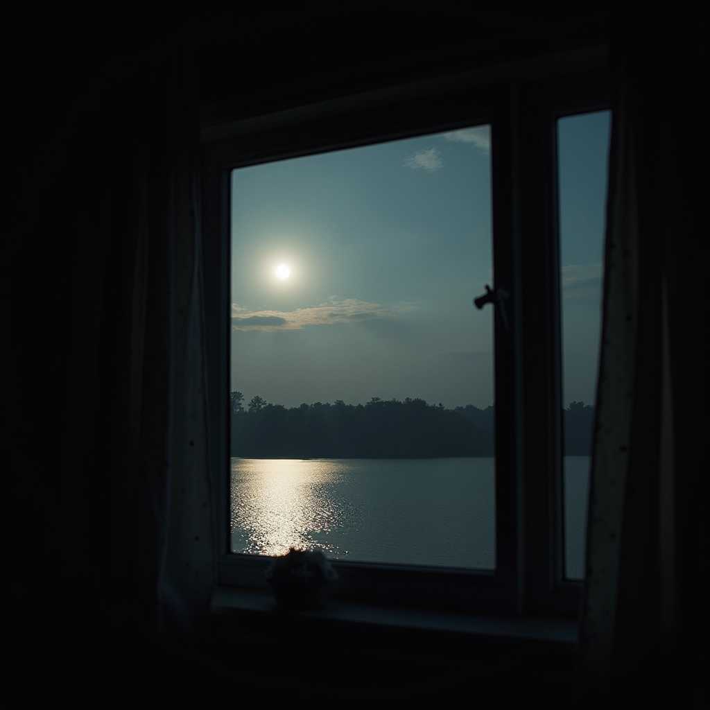 Photography, a view out of a window with a full moon in the sky, very dim lighting, the scene is grainy as if captured by a home security camera, the moonlight softly illuminates the lake in the distance, creating a haunting and quiet atmosphere.