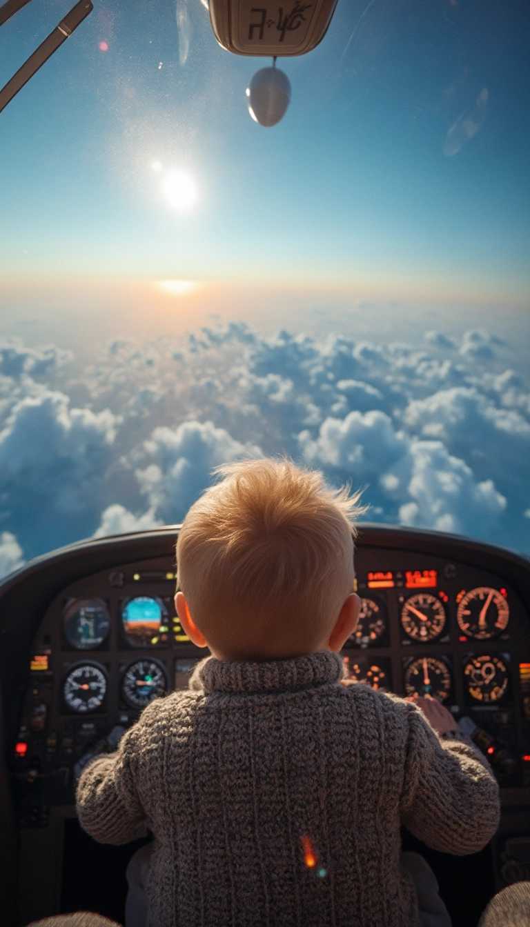 A captivating image of a one-year-old Russian baby seen from behind, nestled in the cockpit of a small airplane. The scene showcases the intricate details of the cockpit with a vibrant array of colorful buttons, dials, and screens illuminating the space. The baby has soft, fine hair and is wearing a cozy, patterned sweater, adding a touch of warmth to the scene. The aircraft’s windshield frames a breathtaking view of a clear blue sky, dotted with fluffy white clouds, giving a sense of adventure and freedom. Sunlight gleams through the glass, casting playful reflections on the baby’s face. The overall composition exudes a cheerful, whimsical mood, embodying the spirit of exploration and wonder, soft shadows, sharp focus, shallow depth of field.