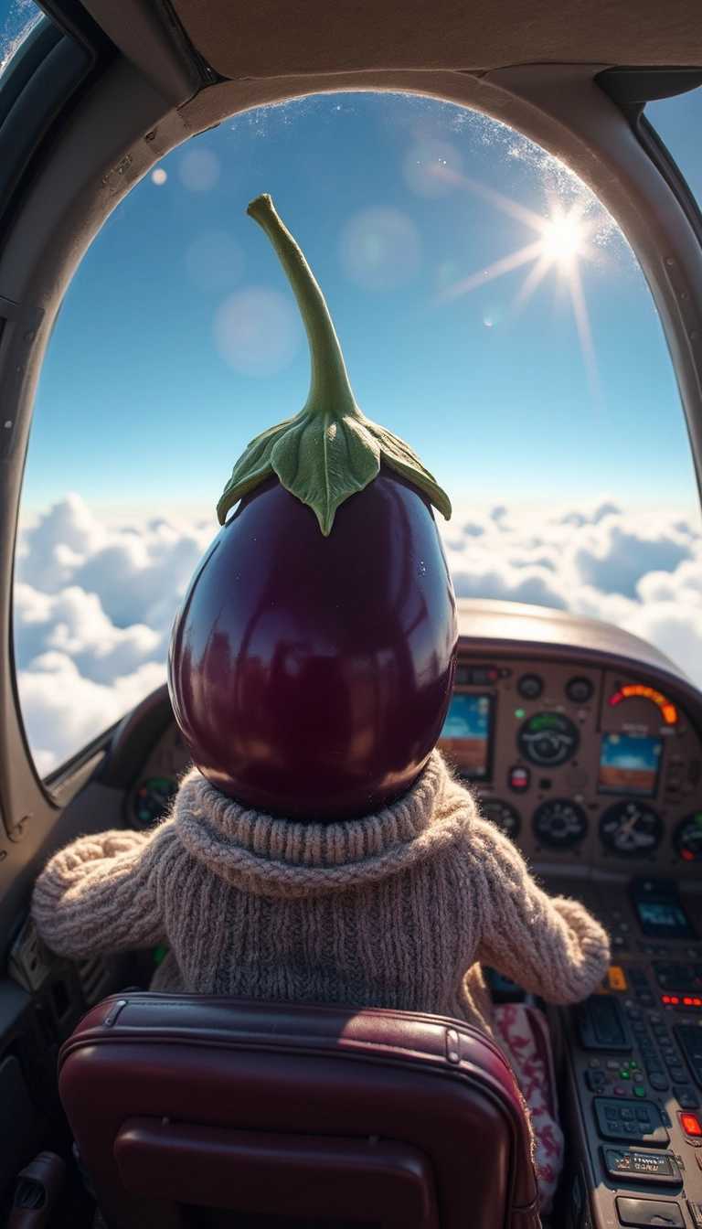 A captivating image of a eggplant seen from behind, nestled in the cockpit of a small airplane. The scene showcases the intricate details of the cockpit with a vibrant array of colorful buttons, dials, and screens illuminating the space. The eggplant has soft, fine hair and is wearing a cozy, patterned sweater, adding a touch of warmth to the scene. The aircraft’s windshield frames a breathtaking view of a clear blue sky, dotted with fluffy white clouds, giving a sense of adventure and freedom. Sunlight gleams through the glass, casting playful reflections on the eggplant face. The overall composition exudes a cheerful, whimsical mood, embodying the spirit of exploration and wonder, soft shadows, sharp focus, shallow depth of field.