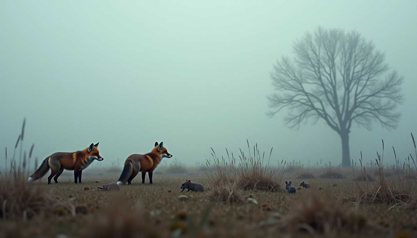 foggy landscape with fox hunting mice
