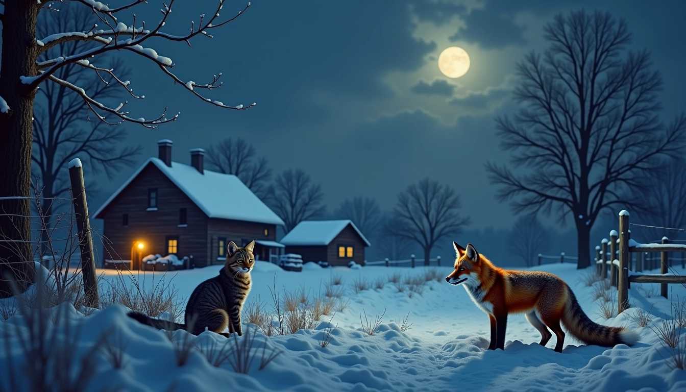 Winter Night Encounter: Cat and Fox
