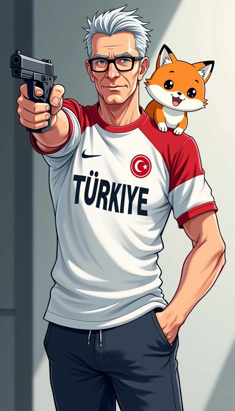 An anime-style illustration of a middle-aged man with salt-and-pepper hair styled in a similar fashion to the haircut shown in the reference image. He is wearing a white sports t-shirt with 'TÜRKİYE' printed on it, along with the logo of the Turkish team, and dark sports pants. He has grayish hair and wears rectangular glasses. The man has a mature face with slight wrinkles and a strong jawline. He is standing in a focused pose, with his right arm fully extended as he shoots a pistol, and his left hand casually placed in his pocket. Perched on his shoulder is a small, cute anime-style animal, like a fox or a bird, adding a fun and whimsical element to the scene. The background is slightly blurred, focusing attention on the man and the animal. The overall tone of the image is modern, sharp, and playful.