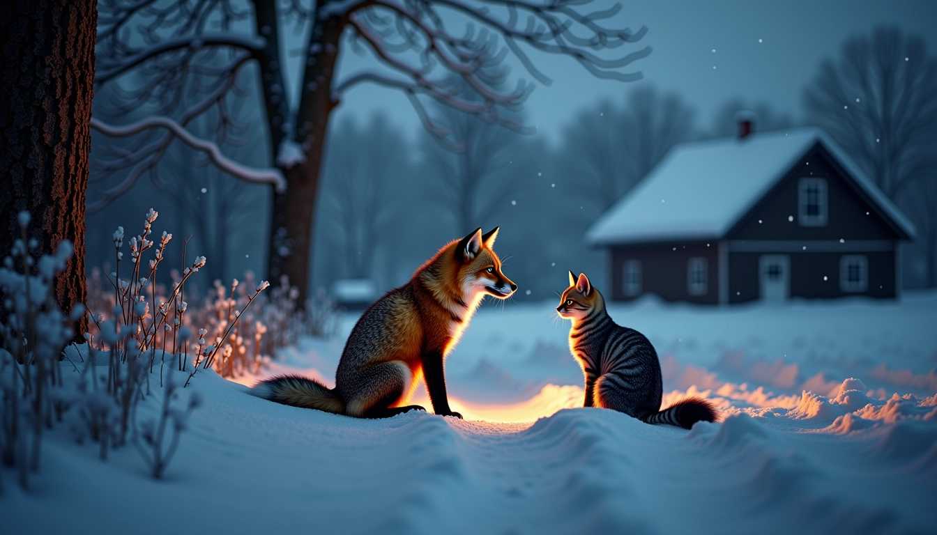 iphone image, animal photography, snowy winter night landscape with fox and a cat, rural farm, darkest night, shot with an iPhone