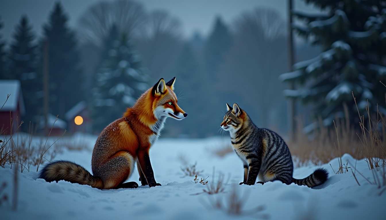 iphone image, animal photography, snowy winter night landscape with fox and a cat, rural farm, darkest night, shot with an iPhone