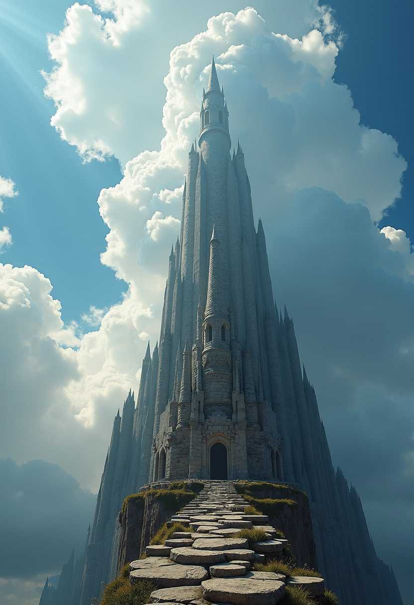 perspective view from the ground looking up at the top of a narrow fantasy tower that soars through the cloud above