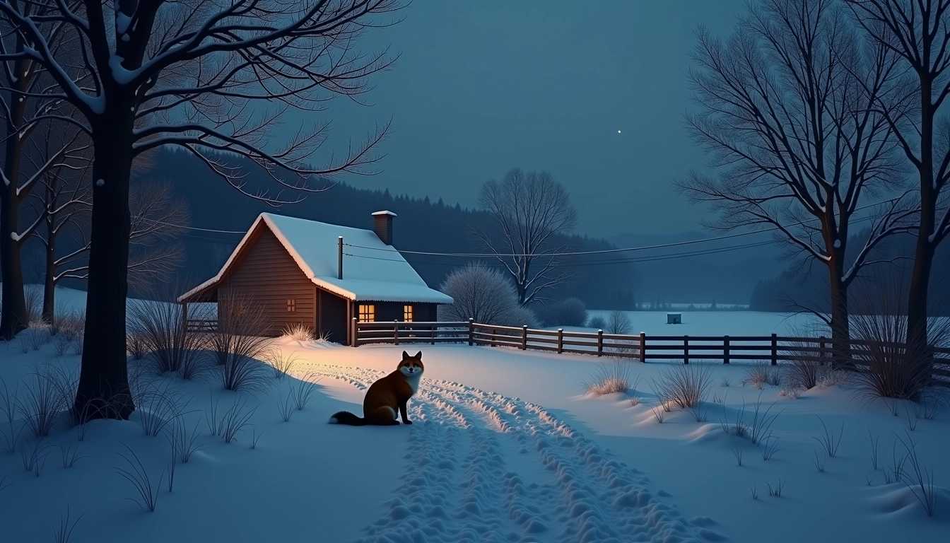 iphone image, animal photography, snowy winter night landscape with fox and a cat, rural farm, darkest night, shot with an iPhone