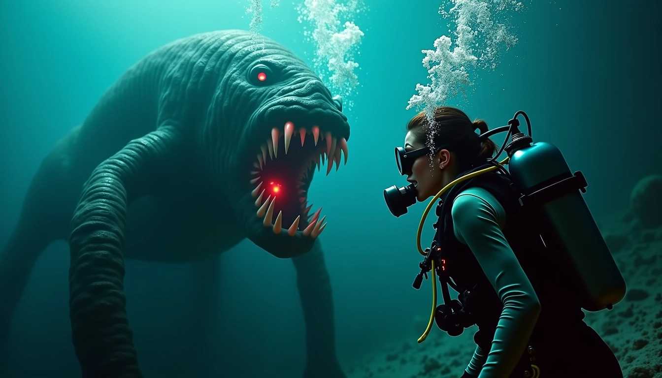 Create a terrifying horror movie scene featuring a female deep-sea diver, dressed in a sleek yet rugged diving suit, her expression one of sheer terror as she is confronted by an exceptionally monstrous deep-sea creature. The creature should have bioluminescent features, with glowing eyes and sharp, razor-like teeth, emerging from the dark, ominous depths of a bottomless ocean abyss. The background should be a stunning, yet frightening underwater landscape filled with eerie shadows and haunting blue and green hues. Intricate bubbles escape from the diver's regulator, swirling around her as she is illuminated by cinematic colorful lighting that occasionally pierces the darkness, creating an atmosphere of suspense and dread. The composition should emphasize the overwhelming size and terrifying nature of the creature compared to the diver, encapsulating a moment frozen in both fear and awe, with the endless abyss extending behind them.