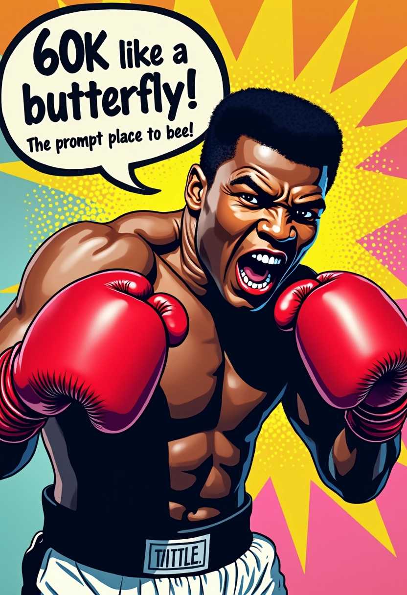 Create a vibrant, Andy Warhol-inspired pop art piece featuring an African American boxer reminiscent of Muhammad Ali, depicted in a dynamic and exaggerated pose as he throws a powerful punch. Capture the intensity of his expression, with a fierce determination reflected in his eyes and mouth open in a spirited shout. His signature red boxing gloves should be prominently displayed, contrasting against a backdrop of lively, colorful dotted patterns in a pointillism style. 

Above him, include a bold speech bubble that reads, TITLE “60K like a butterfly! The prompt place to bee!” in an eye-catching, playful font. The color palette should be bright and varied, incorporating yellows, blues, and pinks to create a sense of energy and excitement. The composition should emphasize the motion of the punch, with bursts of color radiating outward, evoking a sense of action. The overall mood should be triumphant and spirited, celebrating the art of boxing and the joy of creativity in a unique, pop-art aesthetic.