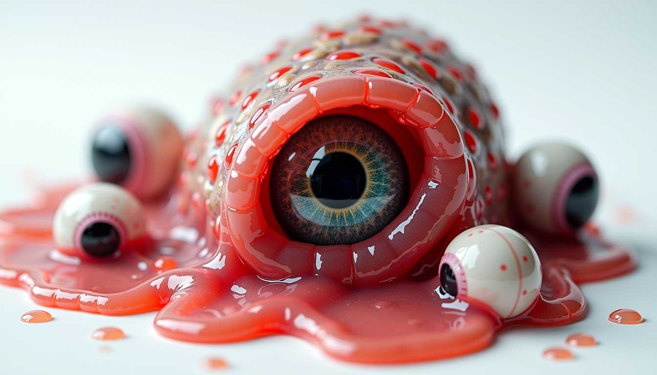hyper detailed slimy pierced fish eyeballs of flesh tissue on a white surface