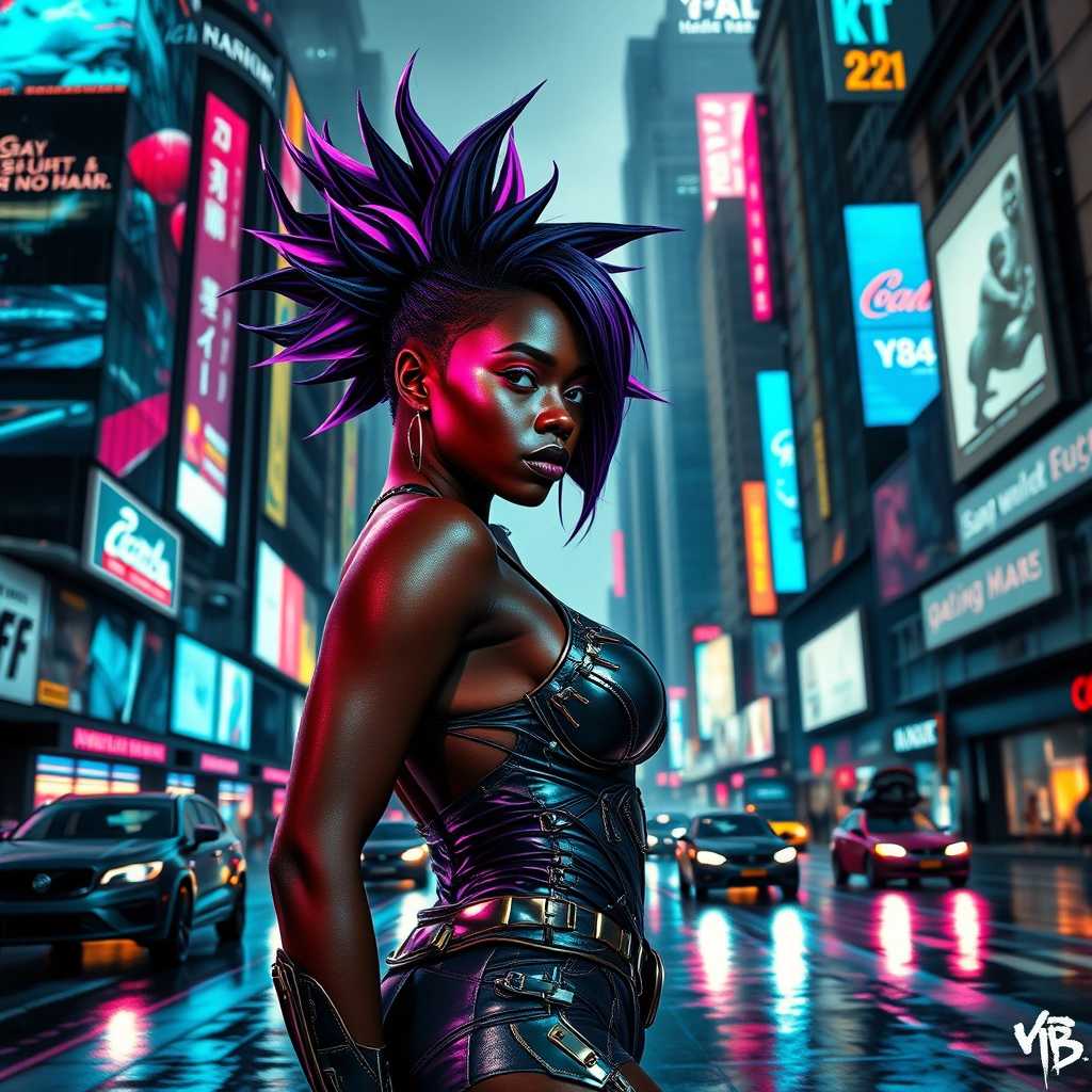 A striking busty ebony woman stands confidently in a vibrant cyberpunk cityscape, her dynamic pose accentuating her curves. She has glowing, neon-colored hair styled into bold, futuristic spikes, reflecting hues of purple and blue, which contrast beautifully with her rich skin tone. The setting features towering skyscrapers adorned with luminescent advertisements and holographic displays, casting their colorful lights onto the bustling streets below. She is dressed in intricate, form-fitting attire with metallic elements and circuit-like patterns, merging fashion and technology seamlessly. The atmosphere is electric, filled with a mix of high-tech elements and urban grit, with flying cars zooming past and a soft rain creating a shimmering effect on the pavement. The overall mood is vibrant and edgy, capturing the essence of a futuristic, bustling metropolis at night.