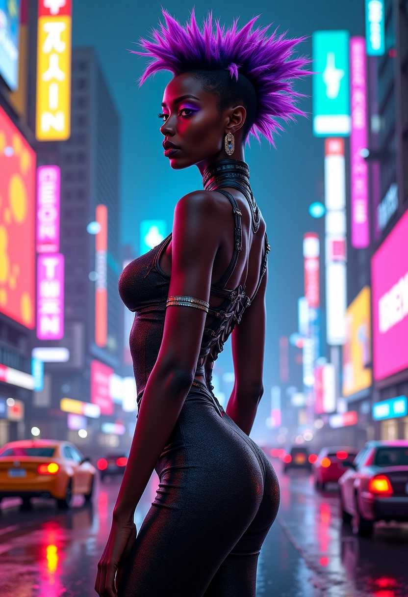 A striking busty ebony woman stands confidently in a vibrant cyberpunk cityscape, her dynamic pose accentuating her curves. She has glowing, neon-colored hair styled into bold, futuristic spikes, reflecting hues of purple and blue, which contrast beautifully with her rich skin tone. The setting features towering skyscrapers adorned with luminescent advertisements and holographic displays, casting their colorful lights onto the bustling streets below. She is dressed in intricate, form-fitting attire with metallic elements and circuit-like patterns, merging fashion and technology seamlessly. The atmosphere is electric, filled with a mix of high-tech elements and urban grit, with flying cars zooming past and a soft rain creating a shimmering effect on the pavement. The overall mood is vibrant and edgy, capturing the essence of a futuristic, bustling metropolis at night.