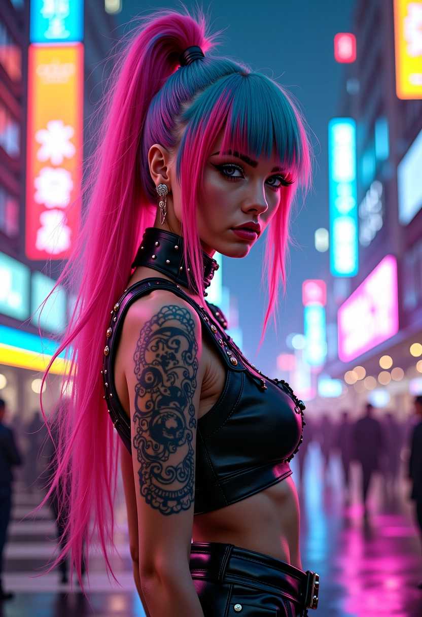 Create a vibrant, cyberpunk-inspired scene featuring a strikingly beautiful girl at the forefront. She has voluminous, multicolored hair that cascades dramatically down her back, each strand glowing with an electric hue. Her attire is a bold statement of futuristic fashion, merging high-end textiles with edgy leather elements, showcasing asymmetrical cuts and vivid colors that pop against her skin. The girl's makeup is daring, highlighted by a shimmering metallic eyeshadow and glossy lips that catch the neon lights around her. 

Her arms are adorned with intricate digital tattoos that pulse with a soft glow, complementing her fierce look. Behind her, the bustling backdrop is a lively urban cityscape, filled with towering skyscrapers that stretch towards the night sky, their surfaces glimmering with vibrant holographic advertisements that emit a kaleidoscope of colors. The atmosphere is charged with energy, enhanced by wisps of smoke and subtle digital glitches that weave throughout the scene, creating an edgy and adventurous mood. The composition should emphasize the strength and femininity of the girl amidst the high-energy urban environment, capturing the essence of a futuristic, vibrant world alive with possibilities.