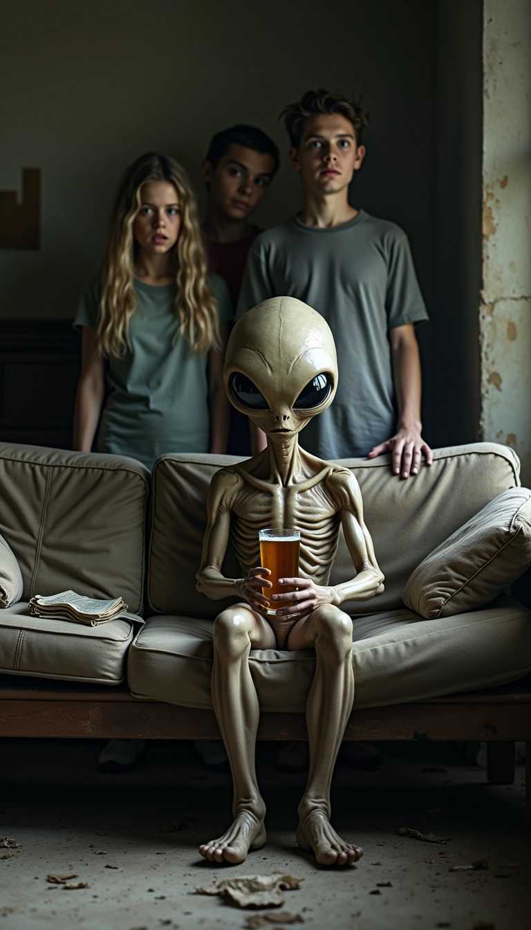 "Create a hyper-realistic medium shot of a menacing alien sitting on a worn couch inside an abandoned house, with humans standing behind the couch. The humans should be partially obscured, their expressions reflecting fear or anxiety as they peer around the couch. The alien, with its elongated head, large reflective eyes, and unsettling skin texture, should be engaged in drinking a beer, creating a stark contrast with the humans' fearful demeanor. The setting should be dark and decrepit, with broken furniture, dusty surfaces, and eerie shadows to heighten the tension and horror."