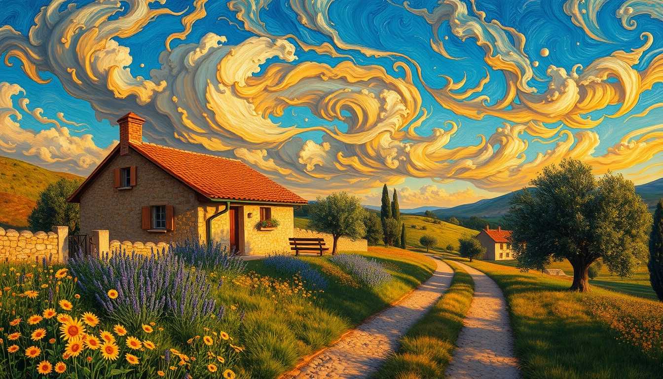 A stunning, never-before-seen painting by Vincent Van Gogh, capturing a quaint farmhouse nestled in the rolling hills of southern France during the golden hour. The farmhouse, constructed of warm ochre and soft beige stones, is adorned with a terracotta-tiled roof, its windows framed by blooming lavender and sunflowers. The foreground is alive with vibrant patches of wildflowers in lively hues of yellow, orange, and blue, swaying gently in the warm breeze. The sky is a dynamic swirl of deep blues and rich oranges, reflecting Van Gogh’s characteristic brushwork, creating an emotional sky filled with dynamic, expressive clouds that seem to dance overhead. Olive trees dot the landscape, their leaves touched with sunlight, casting dappled shadows on the sunlit path leading up to the farmhouse. The scene evokes a feeling of tranquility and a sense of nostalgia, with the essence of Van Gogh’s unique style evident in the thick, textured strokes and vivid color palette. The composition balances the rustic charm of the farmhouse with the natural beauty of the surrounding countryside, inviting the viewer into a serene yet vibrant rural setting.
