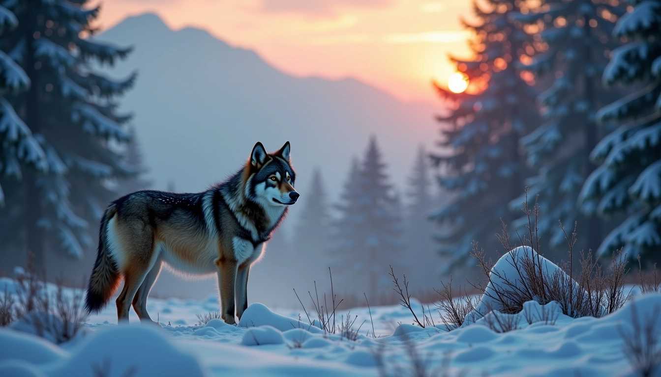 wolf in misty snowy mountain forest at dusk