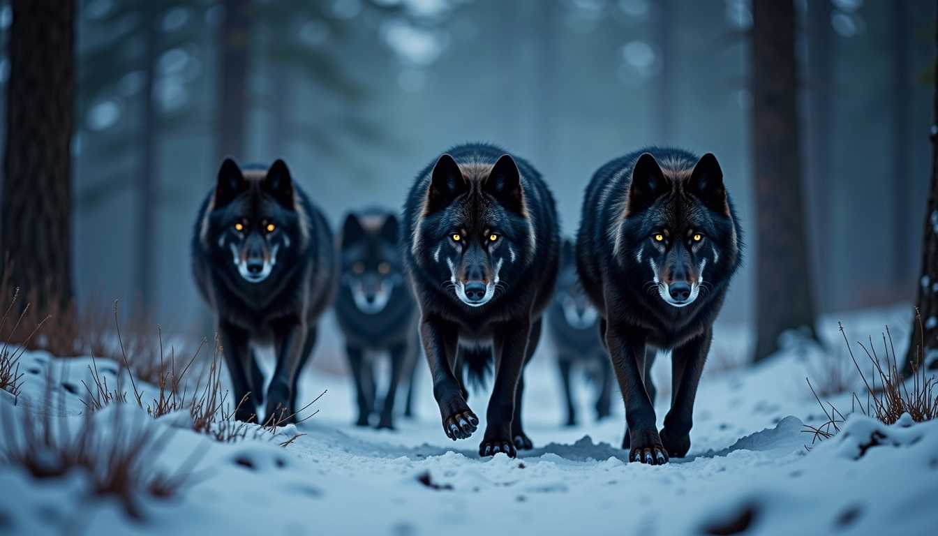 pack of black prowling wolves with reflective eyes in the night in misty snowy mountain forest at darkest midnight