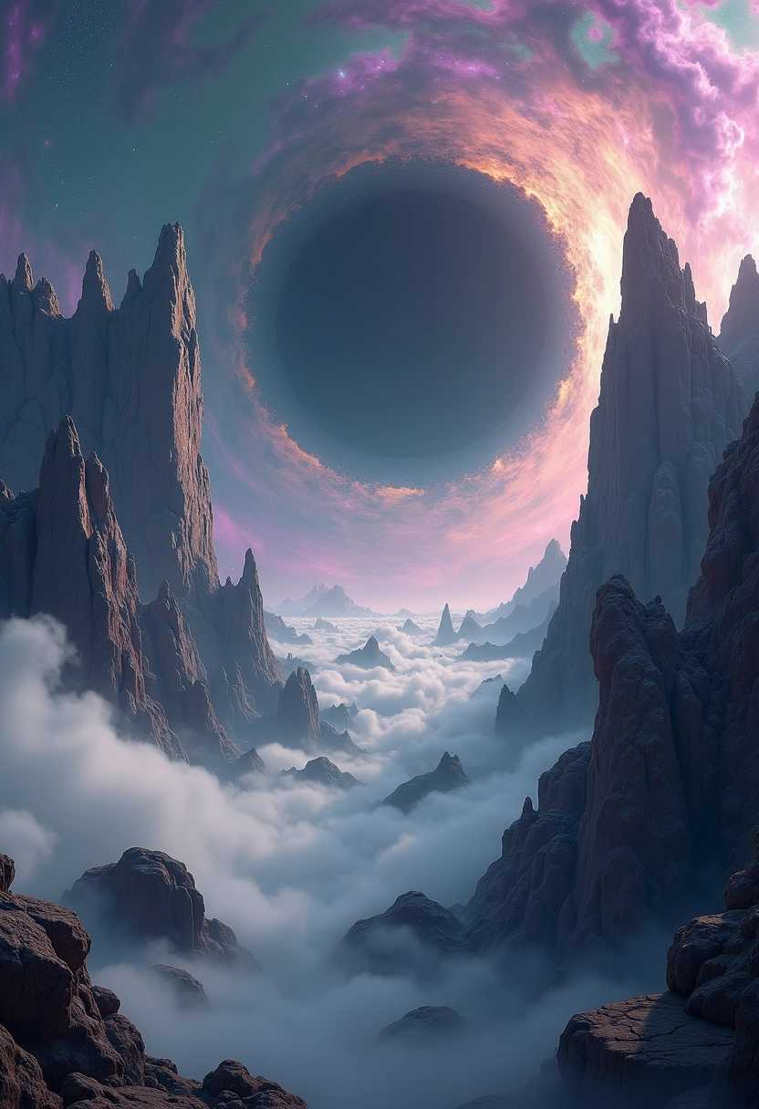 A breathtaking, mysterious planet enveloped in dense, swirling gas fog that creates an ethereal atmosphere. Dominating the sky is a supermassive black hole, its immense gravitational pull subtly distorting the surrounding space. Rocks float serenely in the absence of gravity, adding an otherworldly feel to the landscape. Towering rock formations, sculpted by relentless wind and erosion, rise dramatically from the fog, their jagged edges illuminated by soft, otherworldly light, revealing intricate textures and shadows. The sky is a mesmerizing canvas of vibrant nebula clouds in rich purples, blues, and greens, swirling in dynamic patterns that evoke a sense of cosmic wonder. The overall composition is a masterpiece of extreme detail, combining elements of surrealism and the sublime interconnectedness of the galaxy, inviting viewers to delve into this enchanting yet hauntingly beautiful alien world.