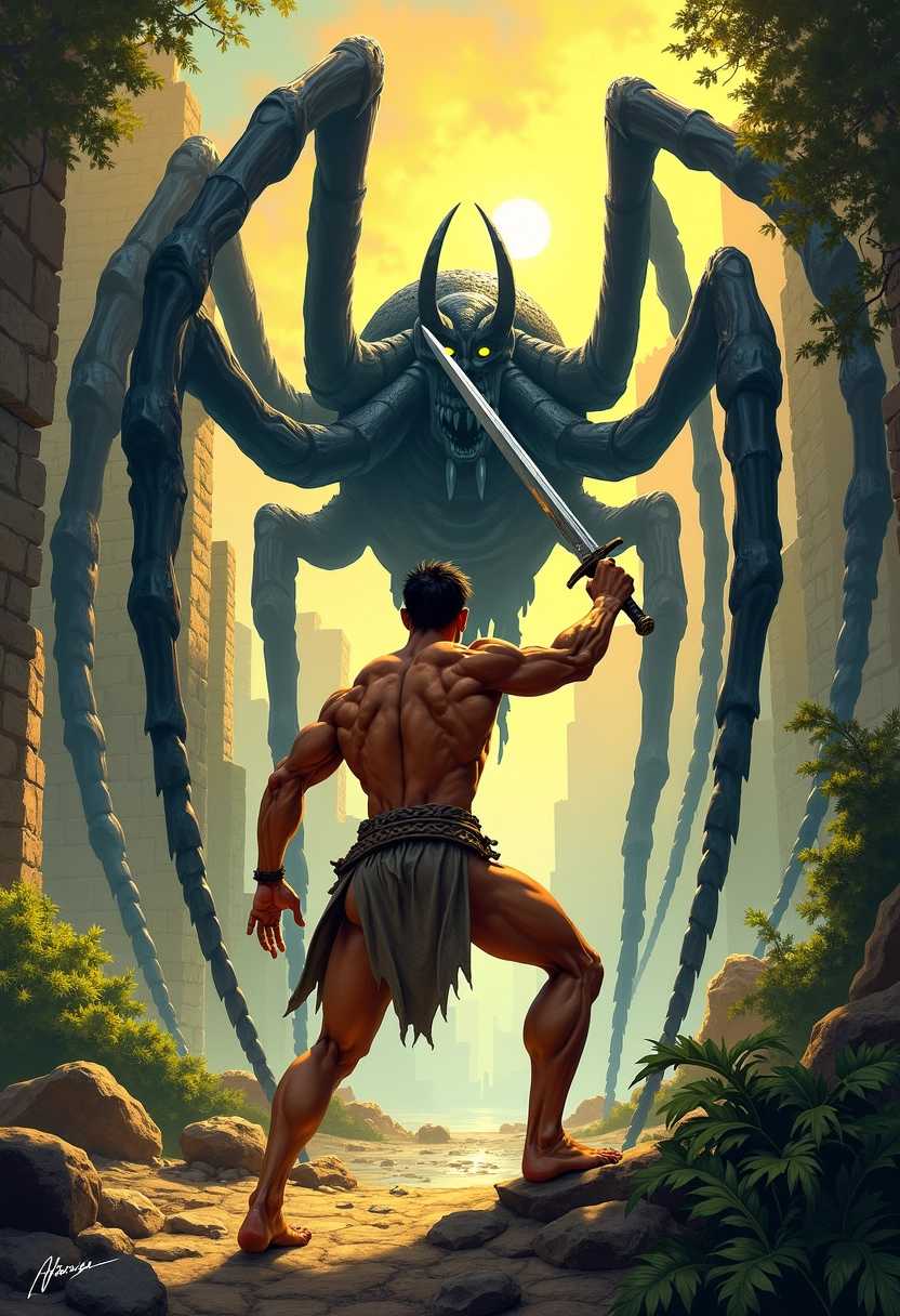 Barbarian vs Colossal Spider Epic Fantasy Battle