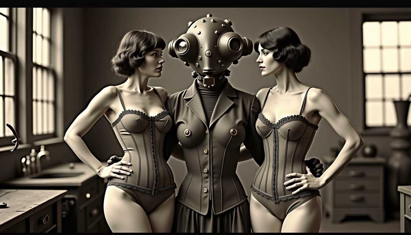 year 1920, photoreal, Vintage photo of two prostitutes in extremely tight rococo corsets, standing next to a weird tragic male creature with a biomechanical head, in a derelict dirty tool shop, machinery, posed formally, very tight corset, Tightlacing, hourglass corset, wasp corset, waist cincher, surreal theme, artistic composition, social commentary, early 20th-century photography style.