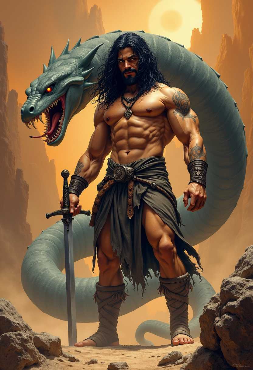 Barbarian Warrior with Serpent Companion Standing on Rocky Terrain