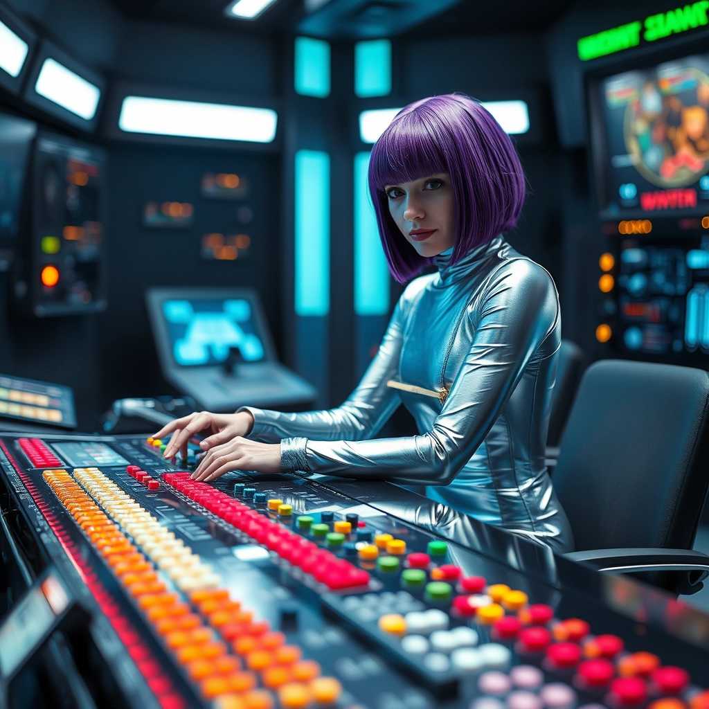 A striking image of a futuristic scene featuring a person seated at a sleek, black desk, dressed in a form-fitting, metallic silver bodysuit that shimmers under the bright artificial lights. The bodysuit, which is wool painted silver,, with a high neckline and long sleeves, highlights the figure's silhouette, suggesting a sleek and advanced design. .   The woman is wearing a purple wig with a distinctive widow's peak in the front, and a bob hairsyle.

In front of the individual lies an intricate control panel filled with an array of colorful buttons and switches - red, yellow, green, and white - meticulously arranged in a grid pattern, reminiscent of a classic sci-fi control room. The person leans slightly forward, one hand resting on the glossy surface of the desk while the other is depicted in motion, adjusting a dial or pressing buttons on the control panel, radiating a sense of concentration and purpose.

The background remains soft and slightly blurred, suggesting a larger room filled with more control panels and illuminated screens, enhancing the science fiction atmosphere. The bright, cool-toned lighting casts subtle reflections on the metallic bodysuit and the glossy desk surface, creating an overall high-tech and immersive environment that feels like a scene from a captivating television show or movie, capturing both nostalgia and a compelling