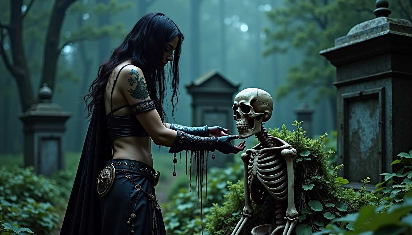 Enigmatic Encounters A Gothic Warrior and a Skeleton in a Misty Forest Cemetery
