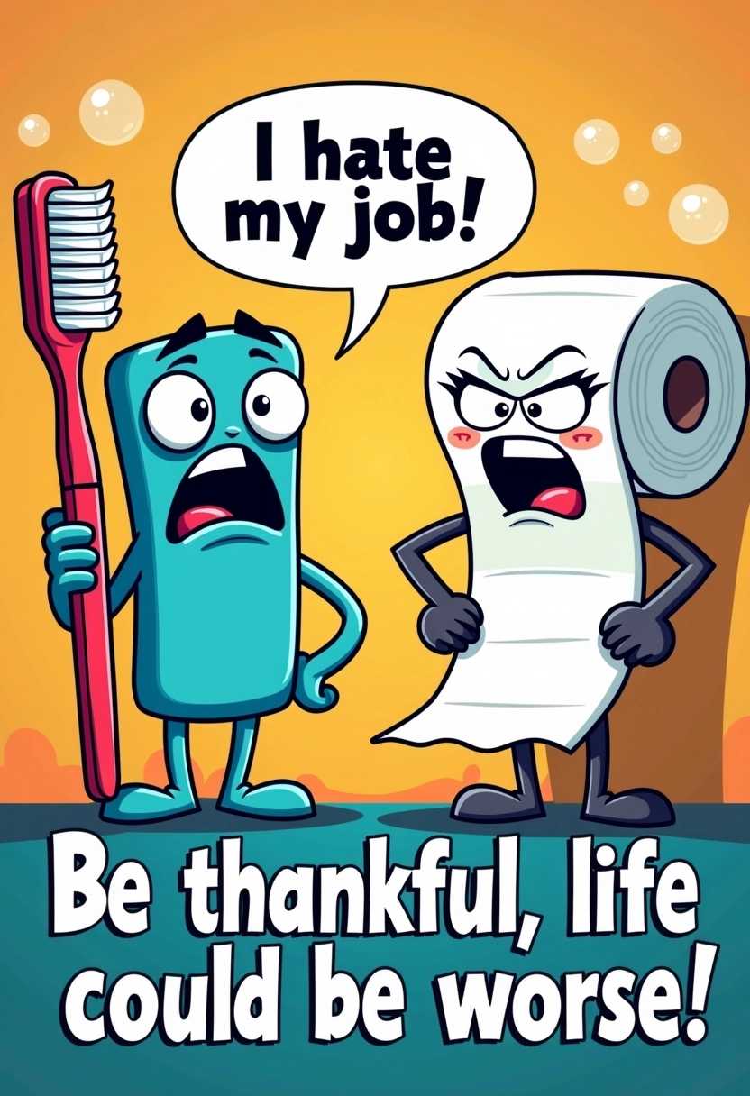 A vibrant and humorous cartoon scene showcasing a toothbrush and a roll of toilet paper, both animated with expressive, exaggerated facial features. The toothbrush appears fed up, sporting a frown and droopy eyes, while it’s holding its bristles like an exasperated sigh. A speech bubble emerges from its mouth, declaring in a playful font, "I hate my job." Meanwhile, the toilet paper, with a roll that unfurls dramatically, glares back with wide, intense eyes. Its speech bubble retorts in bold, sarcastic lettering, "Oh please!!!" The background is cheerful and colorful, featuring bathroom elements like bubbles and playful patterns to enhance the comedic tone. At the bottom of the illustration, in bold and engaging typography, the text reads, "Be thankful, life could be worse." The overall composition is lively and filled with a light-hearted mood, making it an uplifting reminder to cherish the simple joys in life.