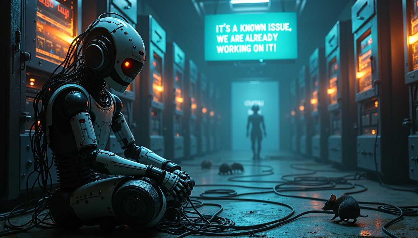 wide text bubble at the top its says "ITS A KNOWN ISSUE, WE ARE ALREADY WORKING ON IT!" . In a strampunk style server room, the walls lined with humming machines that pulse with an eerie blue glow. A humanoid robot, wires and circuits tangled around its limbs, looks on in distress, trying to catch rats. Rats scurry through narrow tubes within the devices' cores, their tiny eyes aglow as they power the machinery. "Under maintanence" warning board on the ground .The robot struggles to free itself from the mess of cables, erupt in flames, their screens flickering with distorted code as smoke billows up. In the midst of chaos, CIVITAI Logo on far back wall, the photorealistic scene unfolds with precision and realism