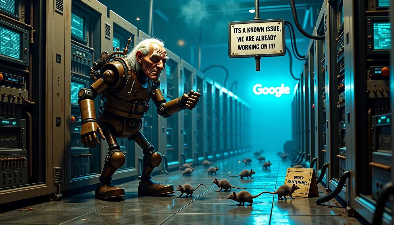 Create a photorealistic steampunk server room filled with vintage mechanical devices and industrial machinery. At the top of the image, include a wide, retro-style text bubble that reads, "ITS A KNOWN ISSUE, WE ARE ALREADY WORKING ON IT!" The room should be illuminated by an eerie blue glow emanating from numerous humming machines along the walls, creating a surreal and slightly ominous atmosphere. 

In the foreground, depict an very old man entangled in a chaotic mess of wires and circuits, showing expressions of distress as it attempts to catch agile rats that scurry through narrow tubes integrated within the machinery’s cores. Each rat should have tiny, glowing eyes that reflect the blue light, highlighting their importance in powering the devices. 

On the floor, place an "Under Maintenance" warning board, its surface scratched and worn, to emphasize the chaotic state of the environment. Show the robot caught mid-action, with sparks erupting from its body, and its screens flickering with distorted lines of code, all while smoke billows around it to enhance the sense of urgency and disorder. 

In the distance, the google logo should be prominently displayed on the back wall, contrasting against the dark, intricately detailed surroundings. The overall composition should convey a dynamic