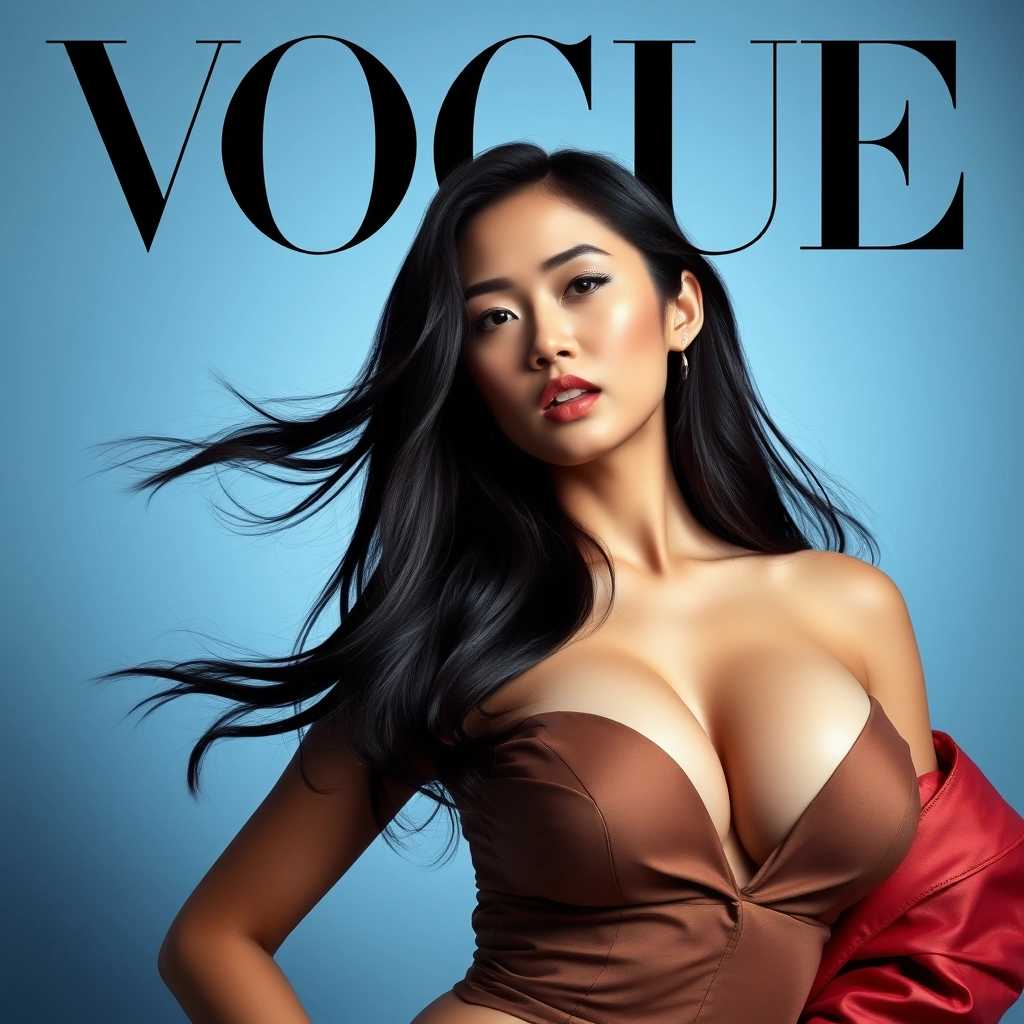 A stunning Vogue magazine cover featuring a captivating Asian woman with big breasts, striking features and a confident pose that exudes glamour. She has long, flowing dark hair that cascades elegantly over her shoulders, framing her face beautifully. The model, with alluring big breasts, is dressed in a high-fashion outfit that perfectly accentuates her curves. The background is a soft, gradient blue that creates a serene yet sophisticated atmosphere, enhancing the overall elegance of the composition. The lighting is professional and expertly crafted, casting gentle highlights and shadows to bring depth to her figure and facial features. At the top of the cover, the iconic text "VOGUE" is prominently displayed in bold, chic typography, subtly layered behind the model to maintain an air of sophistication. The overall mood of the image is glamorous and aspirational, with intricate details in the clothing and the model’s expression, capturing the essence of high-fashion photography.