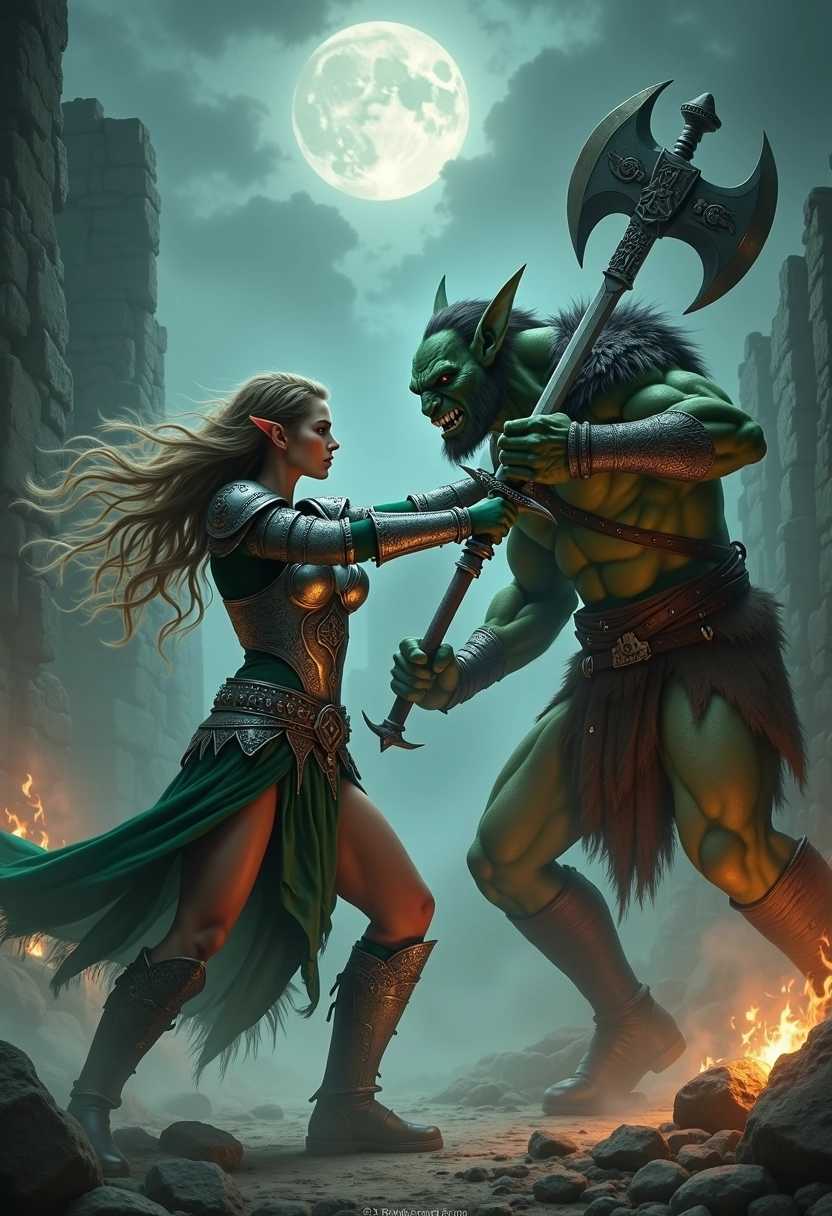 A fierce female elf warrior, clad in intricate silver and green armor adorned with ancient runes, is fiercely engaged in a sword fight with a brutish orc warrior, whose skin is a deep, mottled green and wielding a massive, jagged axe. The scene is set amidst the crumbling ruins of a once-majestic stone castle, partially enveloped in mystical, swirling fog that obscures the ground and adds to the eerie atmosphere. Dim, flickering torches cast unsettling shadows on the weathered stone walls, enhancing the tension of the confrontation. The elf's long, flowing hair dances in the wind as she gracefully parries, her piercing blue eyes reflecting determination and skill. The orc, with his menacing snarl and wild, fierce demeanor, counters with brute strength, showcasing sharp tusks and battle scars. A moon obscured by dark, roiling clouds provides a hauntingly muted light, emphasizing the chilling atmosphere and capturing the intensity of the battle. The mood is dark and frightening, filled with a palpable sense of danger and the clash of steel against steel, inviting the viewer to witness this epic confrontation.