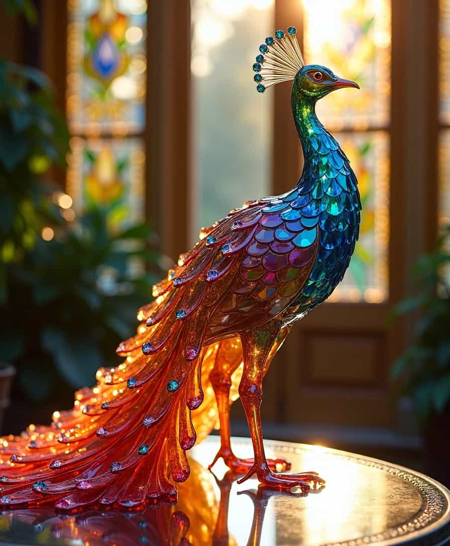 A majestic peacock crafted entirely from prismatic crystal, its tail an explosion of faceted gemstones. Each feather refracts light into a rainbow spectrum, creating a dazzling display. The bird stands atop a mirrored pedestal in a sun-drenched conservatory. Photographed using macro techniques to capture intricate light patterns. Golden hour sunlight streams through Art Nouveau stained glass windows, casting colorful shadows across the scene. The peacock's pose suggests movement, with its head slightly turned, as if caught mid-strut.