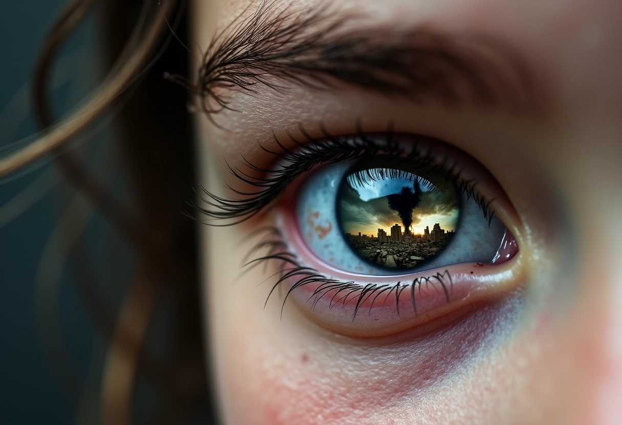 An extreme close-up of the left eye of a young girl, capturing every intricate detail of her iris and eyelashes. Her eye, a striking shade of deep hazel, reflects a dramatic scene of a destroyed, war-torn cityscape. The city in her reflection features crumbling buildings, scattered debris, and a smoky, overcast sky, filled with dark, swirling clouds. The contrast between the girl's bright eye and the chaos in the reflection evokes a sense of deep emotion and haunting beauty. Soft, diffused light highlights the textures of her skin and the glistening tear duct, conveying a feeling of despair and resilience. The overall mood is poignant and thought-provoking, emphasizing the stark contrast between innocence and the harshness of war.