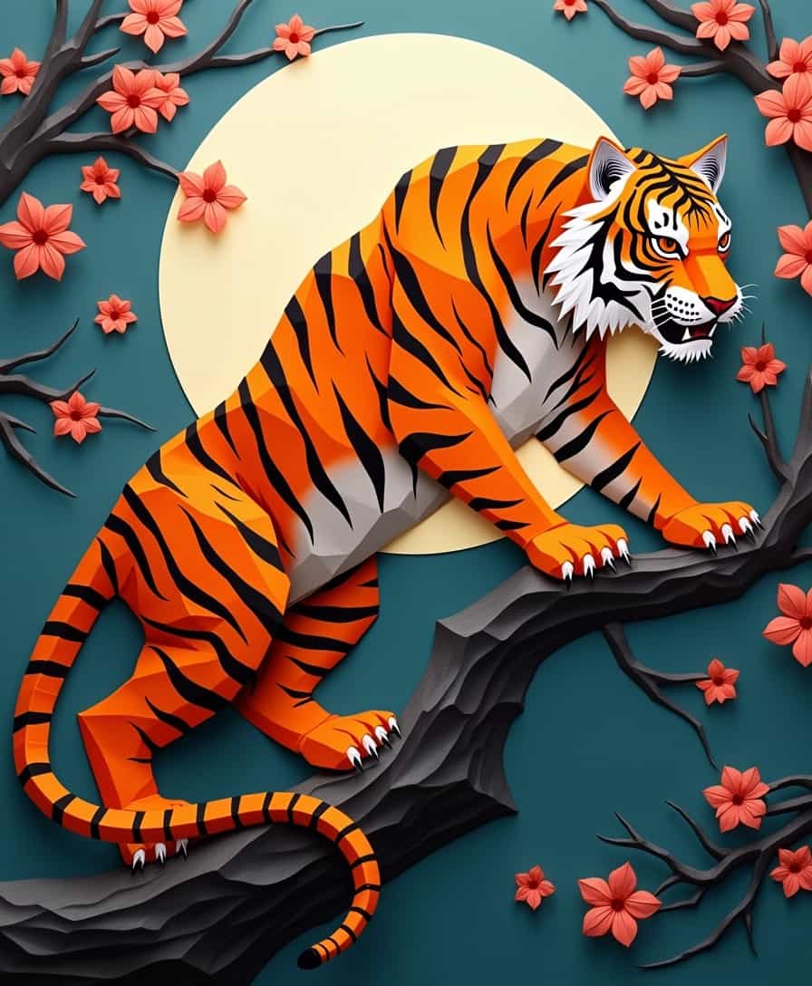 A fierce tiger composed of intricately folded washi paper in shades of orange, black, and white. Its form showcases complex origami techniques, with sharp edges defining muscular contours. The tiger crouches on a Japanese maple branch, backlit by a full moon. Rendered in the style of ukiyo-e prints, with bold outlines and flat color areas. Silvery moonlight creates dramatic shadows, emphasizing the paper's texture. Cherry blossoms, also crafted from paper, float gently around the scene, adding a touch of delicate beauty to the powerful feline form. Detailed paper texture.