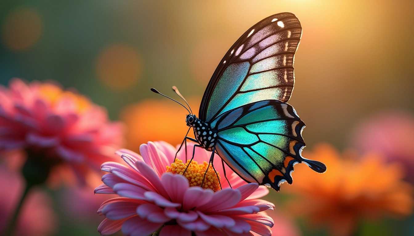 Un papillon coloré en macro photographie, présentant des détails exquis de ses ailes aux motifs éclatants et complexes, capturées de près. L'image doit mettre en évidence la texture délicate des écailles, scintillant sous une lumière douce, avec des reflets irisés. Le fond est flou, créant une profondeur de champ qui fait ressortir le papillon, sur un lit de fleurs vibrantes dans un jardin luxuriant, baigné par un doux éclairage naturel du matin. La composition est soigneusement équilibrée, avec le papillon légèrement décentré, dégageant une ambiance paisible et enchantée.
