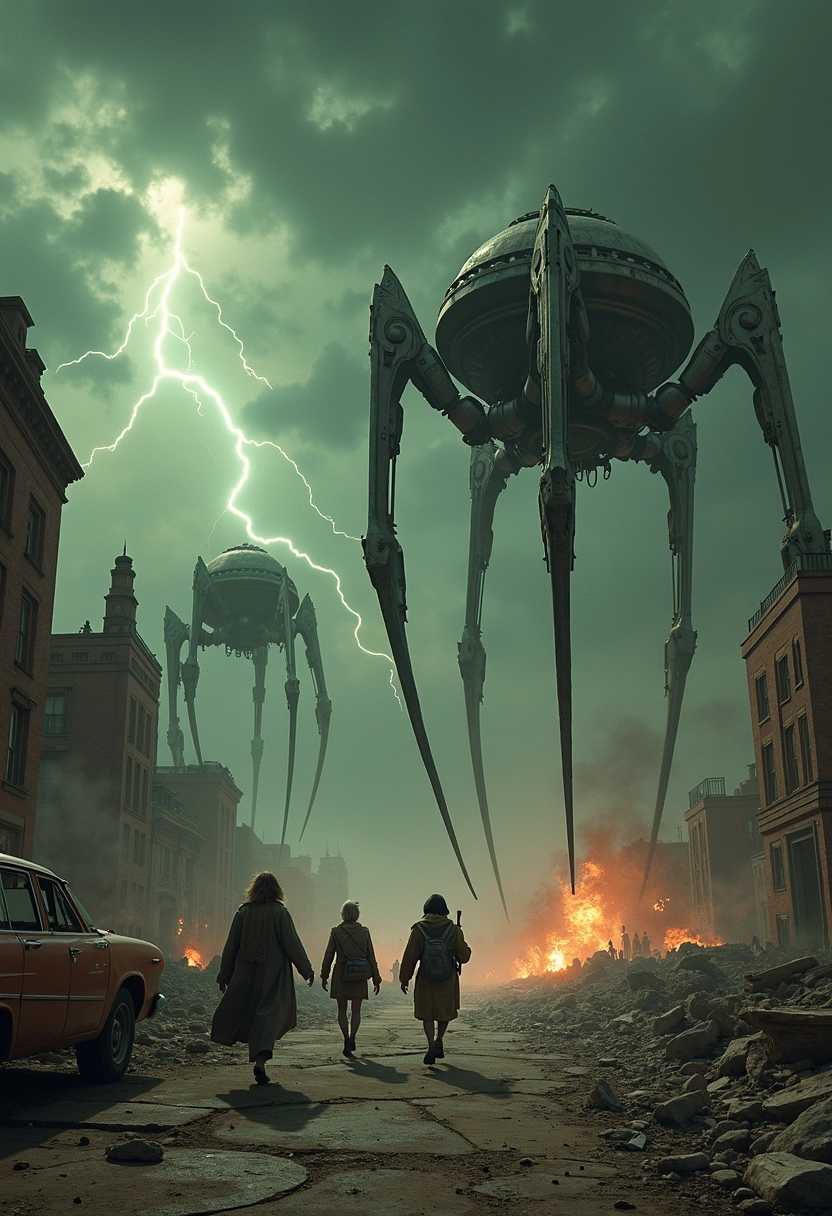 A dramatic sci-fi scene inspired by H.G. Wells' "War of the Worlds," depicting a desolate urban landscape thoroughly ravaged by alien invaders. Towering, menacing tripods with intricate, metallic designs loom ominously over the crumbled remains of a once-thriving city, their elongated, spindly legs casting unnerving shadows across the cracked and debris-strewn pavement. Above, a tumultuous sky swirls with dark, stormy clouds, intermittently illuminated by jagged flashes of lightning that reveal the utter chaos below. In the foreground, a group of frightened civilians, their faces contorted in sheer terror, flee in a frantic dash, their clothing tattered, emphasizing the desperation of survival. Scattered debris and abandoned vehicles punctuate the scene, enhancing the overwhelming sense of destruction and helplessness. The color palette of dark greens and deep grays accentuates the moody, foreboding atmosphere, while the intricate details of the alien technology contrast starkly with the human struggle. The overall composition should evoke intense feelings of dread and tension, reminiscent of classic sci-fi illustrations, with each element meticulously rendered to convey a sense of urgency and despair in the face of overwhelming alien might.  In the background, explosions, fires and smoke