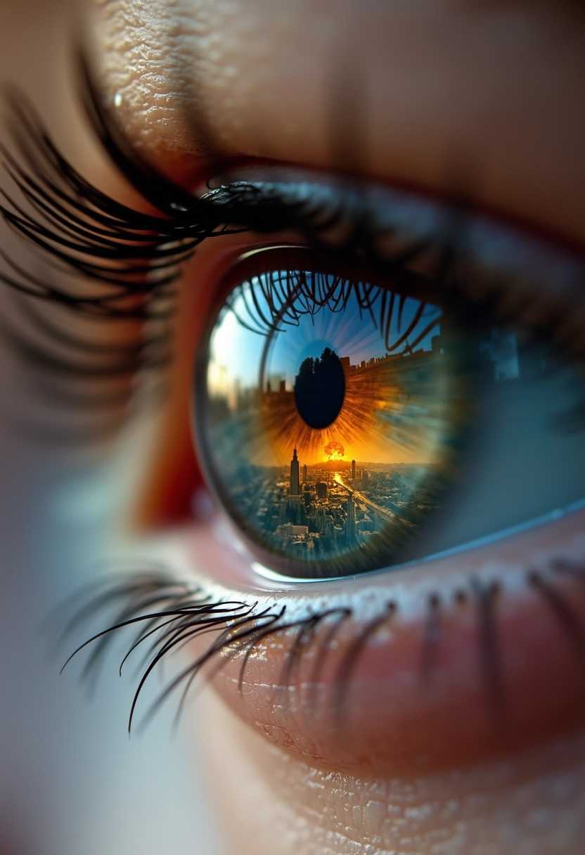 An extreme close-up of the left eye of a young girl, capturing every intricate detail of her iris and eyelashes. Her eye, a striking shade of deep hazel, reflects a dramatic scene of a destroyed, war-torn cityscape, and nuclear explosion. The city in her reflection features crumbling buildings, scattered debris, and a smoky, overcast sky, filled with dark, swirling clouds. The contrast between the girl's bright eye and the chaos in the reflection evokes a sense of deep emotion and haunting beauty. Soft, diffused light highlights the textures of her skin and the glistening tear duct, conveying a feeling of despair and resilience. The overall mood is poignant and thought-provoking, emphasizing the stark contrast between innocence and the harshness of war.
