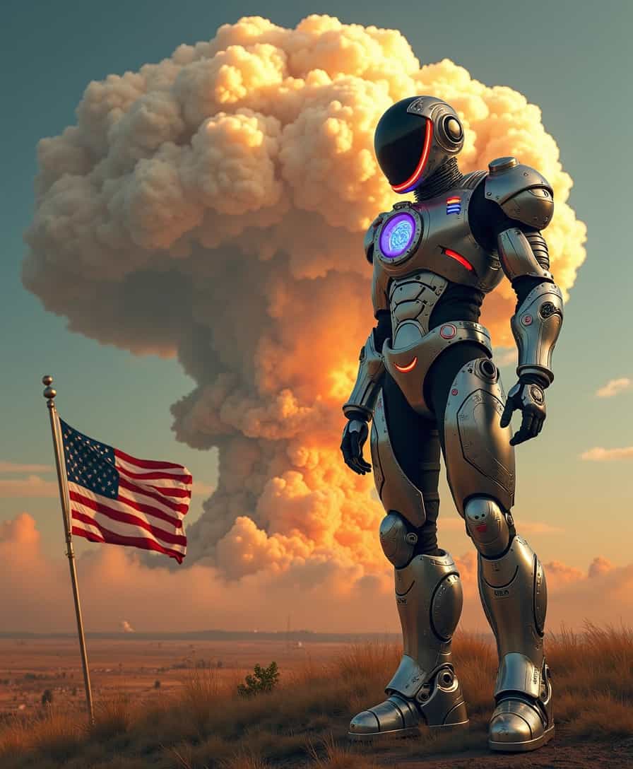 A striking atompunk power armor suit stands proudly in the foreground, featuring retro-futuristic design elements such as sleek metallic curves, vibrant neon accents, and intricate mechanical details. The armor is adorned with symbols reminiscent of 1950s science fiction, incorporating contrasting colors of chrome and deep, saturated tones. In the background, a massive, swirling atomic bomb cloud billows ominously, its mushroom shape dramatically dominating the sky, tinged with shades of orange, red, and dark gray, casting a haunting glow over the scene. Below, a tattered, ripped United States flag lies on the ground, its frayed edges fluttering in the breeze, symbolizing a sense of loss and resilience. The overall composition conveys a powerful fusion of futuristic optimism and dystopian consequences, evoking a thought-provoking mood that teeters between hope and despair. The lighting is dynamic, highlighting the armor’s surface while creating stark shadows from the bomb cloud, enhancing the dramatic tension of the scene.